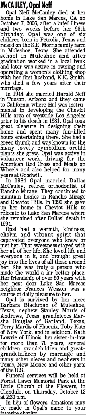 Opal Neff McCauley Obituary
