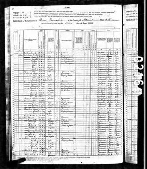1880 U.S. Census showing Marvel, Elizabeth, Matilda, Mary T., George H., Marth E., James H., Marilda A., John W., and Cora I. Orr living in Boon Township of Maries County, Missouri
