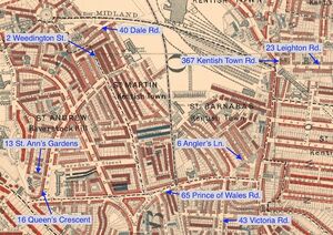 Map of Kentish Town showing places where the family of William Henry Pavey lived