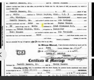 Gerrit Boomers and Norma Hanson Marriage Certificate