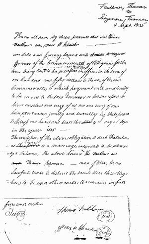 Faulkner Sizemore Marriage Bond 1835
