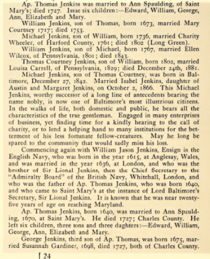 Jenkins: Lional, Thomas, William, Michael, George et al. ''Genealogy of the Jenkins Family of Maryland'',p. 24