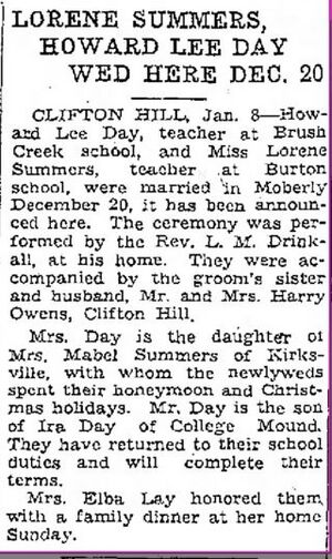 Howard Lee Day & Lorene Summers wedding announcement, in Moberly Monitor-Index, 8 Jan 1936