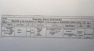 Death Certificate for  Sarah Thompson
