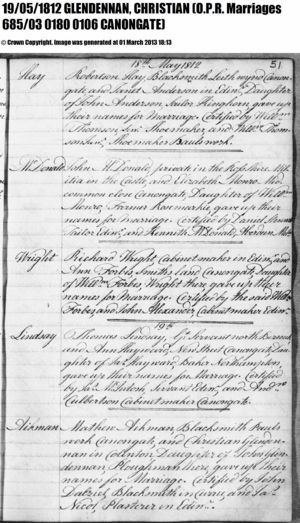 Marriage register  - Mathew Aikman and Christian Glendennan - 19 May 1912