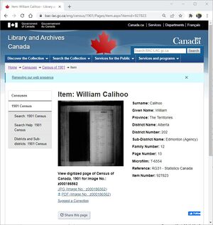 William Callihoo Age 20 Census 1901