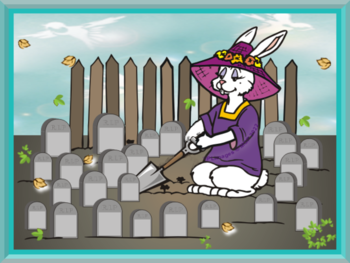 A female rabbit in a purple dress and wearing a flowered sunhat, with spade in hands, is tending (or perhaps she is planting) a number of gravestones.  Due to the falling — and fallen — leaves, it would appear to be early autumn.