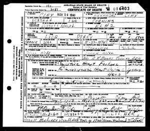Arkansas Death Certificate for Lyda Perry