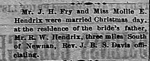 J.H. Fry & Mollie E. Hendrix marriage