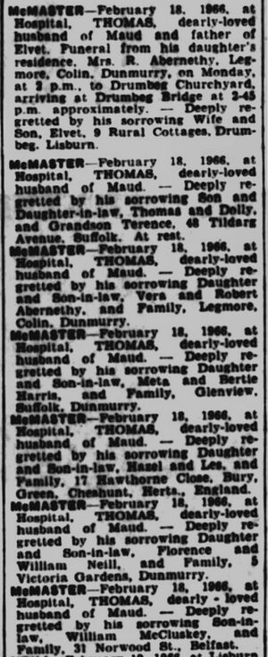 Thomas McMaster Death Notice 1966