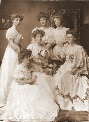 Cavenagh-Mainwaring sisters Back row, left to right: Queenie Magee; Kate Cudmore; Nellie Millet Middle row, L to R: Eva Gedge; May Gillett Front centre: Kiddie Bennett