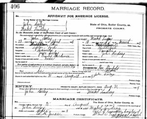 marriage license for John Seeley & Mabel Lindsey