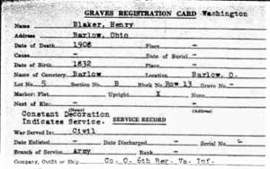 Ohio, Soldier Grave registration card, Henry Blaker