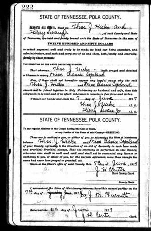 Dr Thomas Jugarthy Hicks & Chass Copeland, marriage record