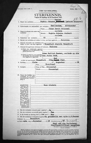 Death Notice of Sophia Johanna Griessel 1898 - 1958