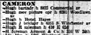 Hugh Cameron 1914 Chicago City Directory listing