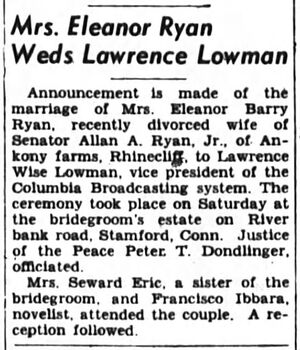 Eleanor Barry & Lawrence Lowman, marriage