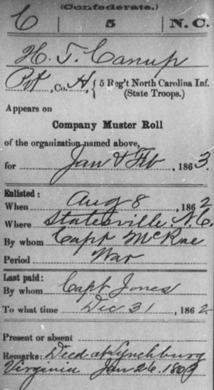 Henry Thomas Canup Company Muster Roll for Company H 5th Regiment North Carolina Infantry State Troops for Jan and Feb 1863. Source Find A Grave.