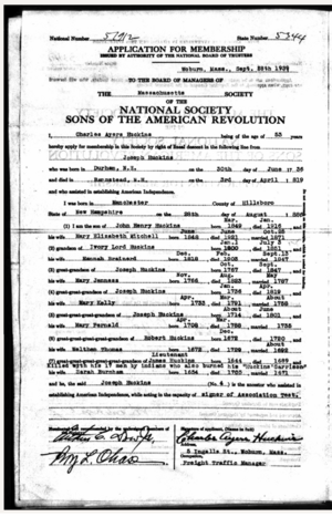Charles Ayers Huckins, Sons of the American Revolution Membership Application