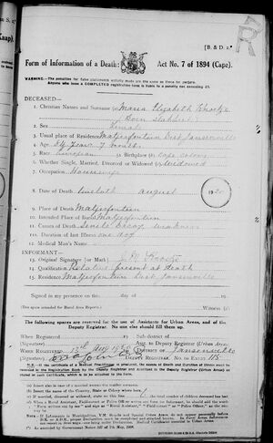 Civil Death Record: Maria Elizabeth Slabbert Knoetze, 12 August 1920