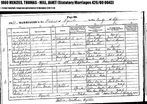 Marriage Certificate Thomas Menzies and Janet Mill / Milne