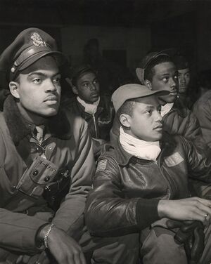 Robert Williams (left). Members of the 332nd Fighter Group attending a briefing in Ramitelli, Italy, March, 1945