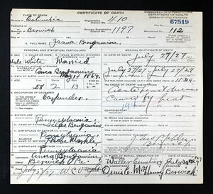 Microfilmed death certificate of Isaac Benjamin, #67519 (1927).