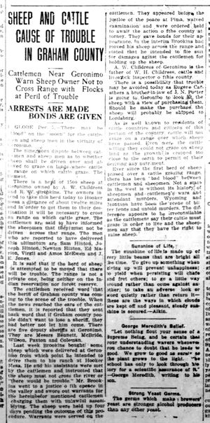 Sheep and cattle cause of trouble in Graham County 6 Dec 1912  Bisbee, Cochise, Arizona, USA