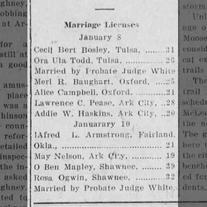 Marriage of Pease / Haskins 10 Jan 1921  Winfield, Kansas