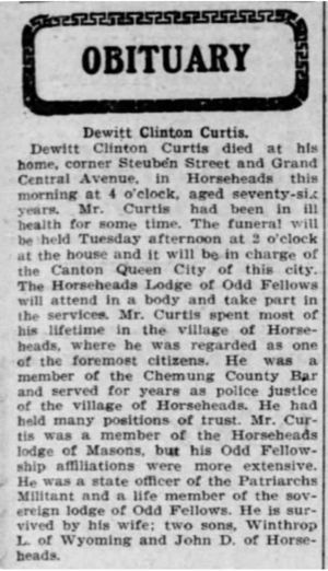 Obituary of Dewitt Clinton Curtis in Star Gazette, Elmira, New York, page 5