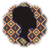 Black Female in Silhouette with blue shadow, on Kente design background in browns, olive, and blues.