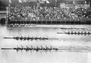 University of Washington varsity eight crew (far lane) winning 1936 Olympic Games gold medal