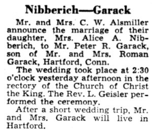 Alice Alsmiller Nibberich - Peter Garack marriage