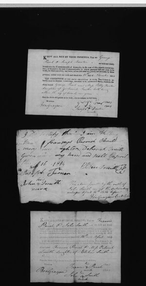 Marriage certificate of Francis Parish & Debrah Smith with fathers declaration.