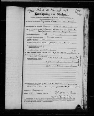 Death notice Elizabeth Catharina van Deventer 18 March 1892
