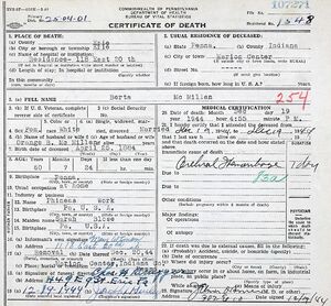 Death Certificate for Berta (Work) McMillen (1884-1944)