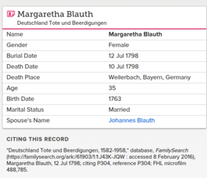 Margaretha Diehl Blauth Death Record