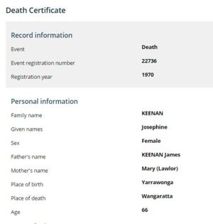 Death Index for Josephine Keenan