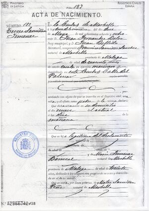 Certificado de nacimiento de Teresa Samiñan Jiménez (1888) 1/3