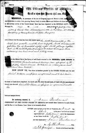 Military Land Warrant of Widow Zilphy Rees, (widow of David Reese to Daniel McClaren