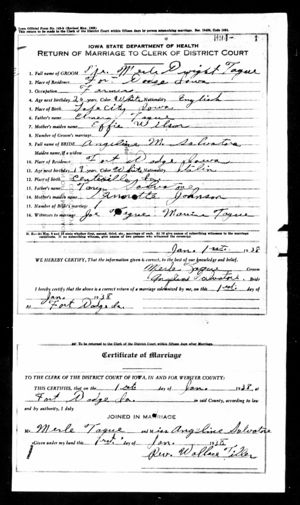Marriage record of Merle Dwight Tague and Angelina Salvatore