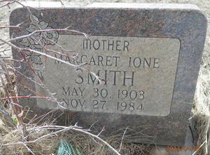 Margaret's headstone in Lodge Grass Montana Cemetery.  Headstone reads "Mother Margaret Ione Smith; May 30 1903; Nov 27 1984"