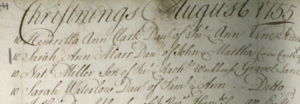 Extract from Baptism Register of St. Botolph, Aldgate, showing the baptism of Sarah Waterlow, daughter of Samuel and Ann