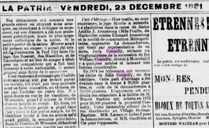 Part Héritage - 1881 - Julia Connolly & Amélia J. Armstrong (Poulin) - La patrie -  vendredi 23 décembre 1881