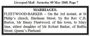 Fleetwood & Barker wedding notice 1868