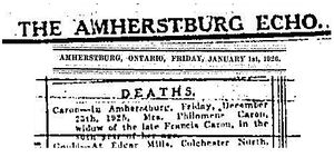 Philomene Caron Obituary The Amherstburg Echo, Amherstburg, Essex, Ontario, Canada. 1 Jan 1926, pg 8