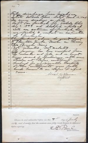 Military Pension Files for Sergeant James H. Jackson, 54th Massachusetts Volunteer Infantry, Co. D & 55th Massachusetts Volunteer Infantry, Co. B. Special Examination by C.E. Paul. Deposition A of Stuart McGowan. p. 7