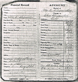 Funeral record for Milton C. Alexander with cash payments from Seth Bullock