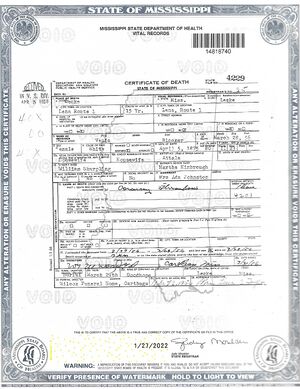 Venie Blocker Death Certificate