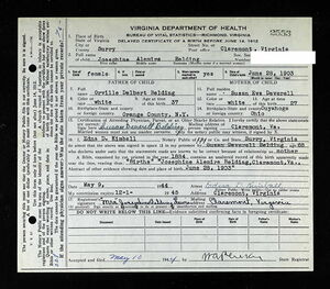 Josephine Alemira Belding Lewis Birth Certificate